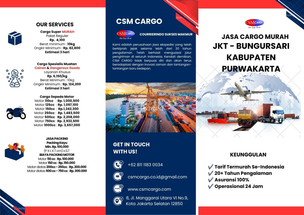 Jasa Cargo Murah Jakarta ke Bungursari Kabupaten Purwakarta melayani pengiriman barang reguler, cargo cairan, Dangerous Goods (DG), pengiriman motor, packing kayu dan layanan ekspedisi CSM Cargo.