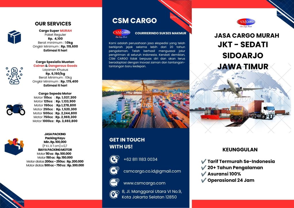 Jasa cargo murah Jakarta ke Sedati Sidoarjo Jawa Timur melayani pengiriman barang reguler, cargo cairan, dangerous goods (DG), motor, dan layanan pickup oleh CSM Cargo.