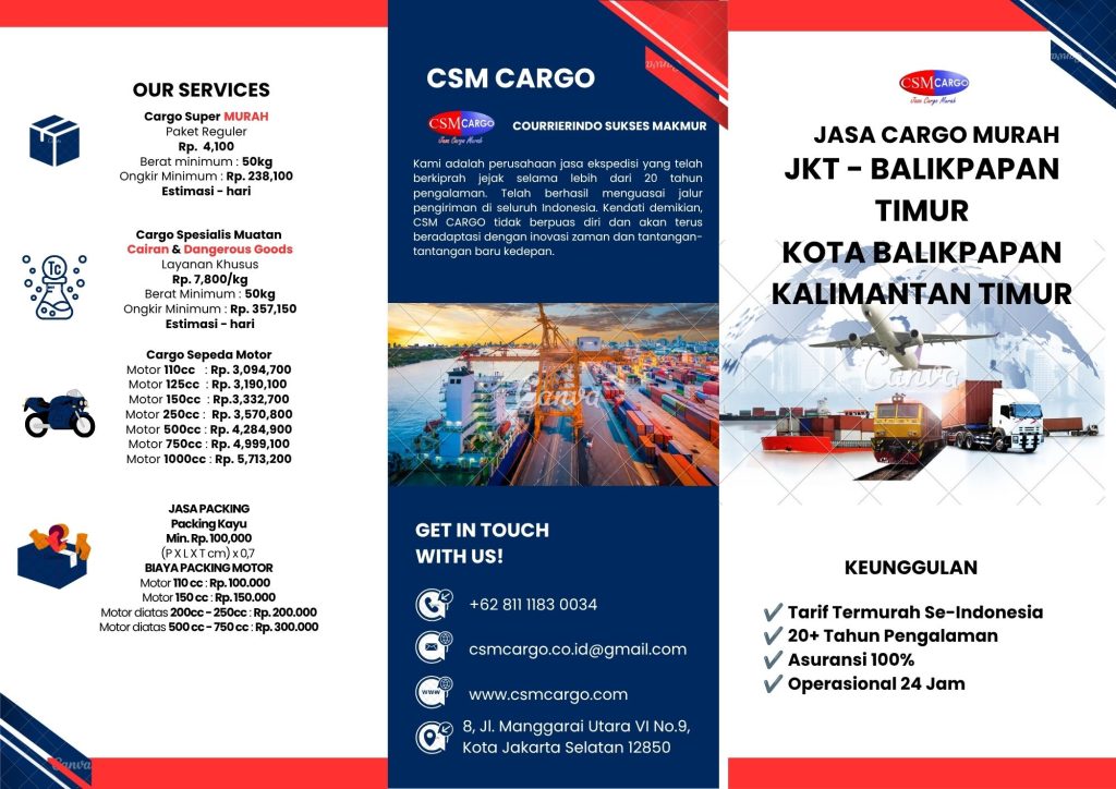 Jasa cargo murah Jakarta ke Balikpapan Timur Kalimantan Timur bersama CSM Cargo untuk pengiriman barang, cairan, dangerous goods dan sepeda motor.