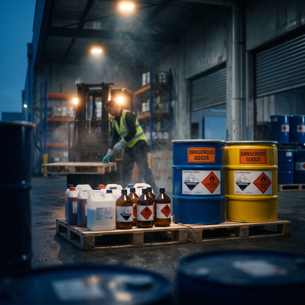Ilustrasi barang cairan dan Dangerous Goods DG untuk pengiriman cargo Jakarta ke Krembang, Surabaya