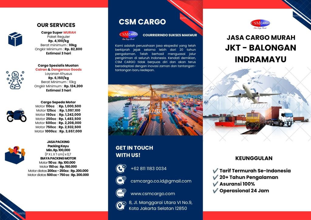Brosur jasa cargo murah dari Jakarta ke Balongan Indramayu oleh CSM Cargo